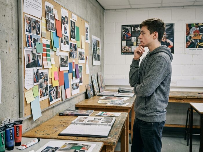 Adolescent en classe terminale analysant son portfolio artistique affiché au mur d'une salle d'art scolaire avant son admission en prépa