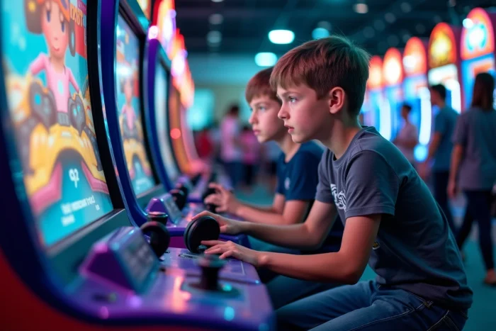 Deux adolescents concentrés jouant à un jeu de course en arcade dans un centre de loisirs à Laval