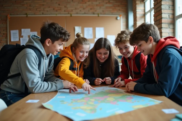 Groupe d'adolescents planifiant un voyage scolaire autour d'une carte dans une salle commune de collège
