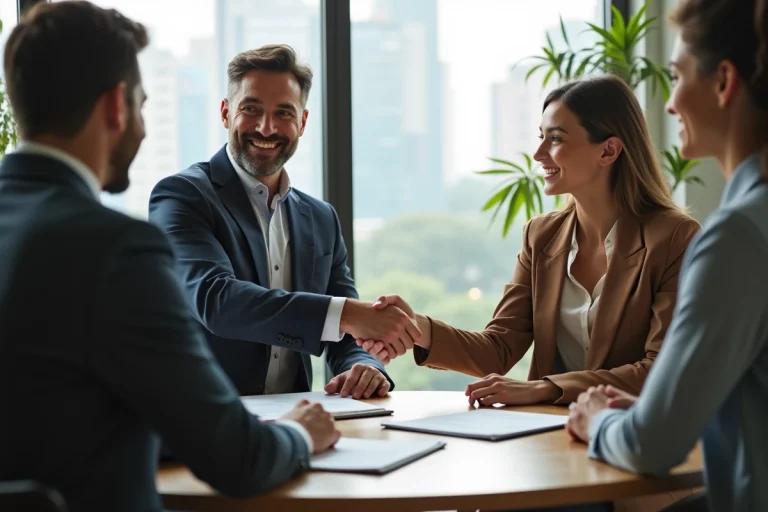 Agent immobilier souriant serre la main d'un couple dans un bureau moderne