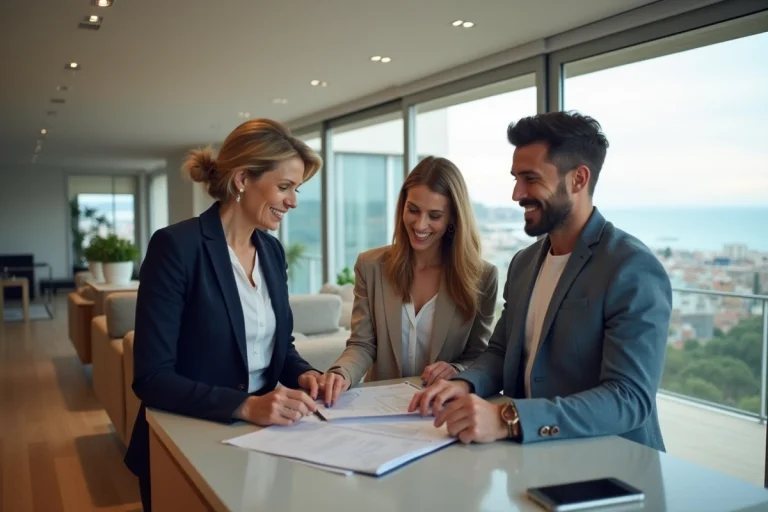 Agent immobilier souriante avec un couple dans un appartement moderne à Nice