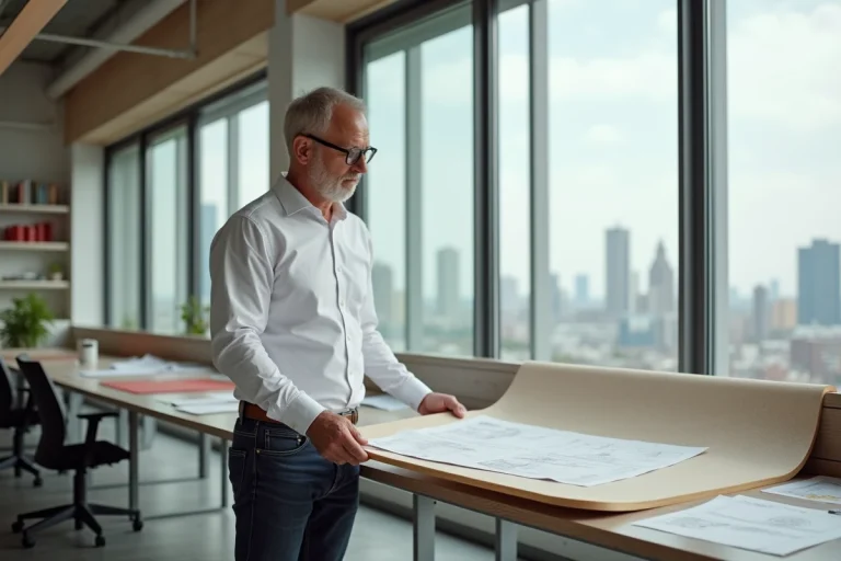 Architecte examine un panneau Duraboard dans un bureau moderne