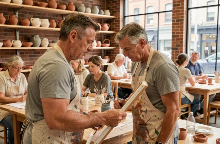 Adulte concentré sur une toile lors d'un atelier de peinture et céramique en salle dans un studio artistique communautaire