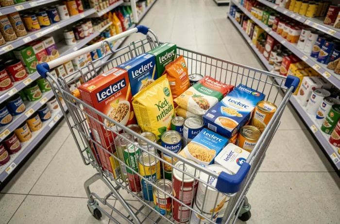 Caddie rempli de produits marque repère Leclerc pour faire des économies en grande surface