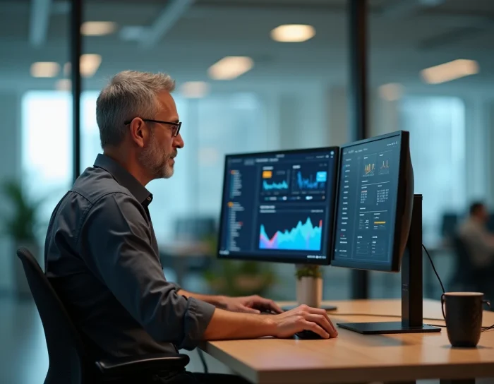 Cadre dirigeant analysant des outils numériques et des indicateurs de performance sur un double écran dans un bureau vitré lors d'un projet de digitalisation