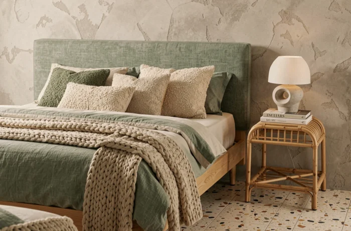 Chambre tendance 2024 avec tête de lit en lin vert sauge, mur en plâtre brut et textiles bouclé superposés