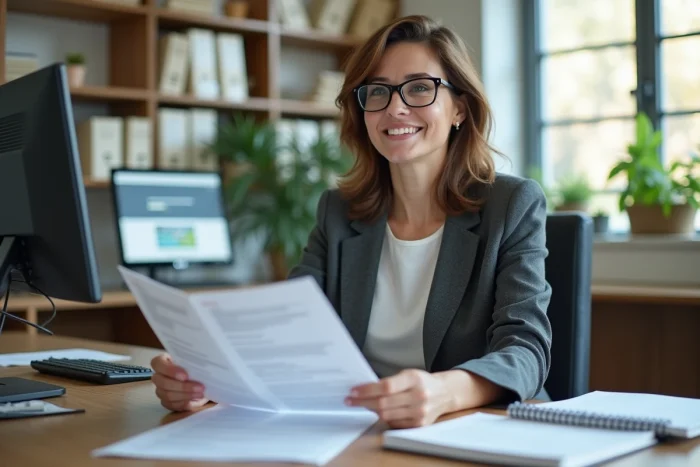 Conseillère CAF examinant des dossiers d'aide financière pour voyage scolaire dans un bureau administratif