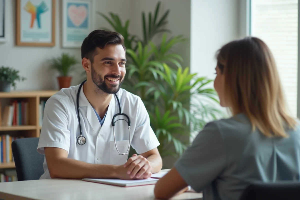 Jeune infirmier en uniforme avec femme en consultation