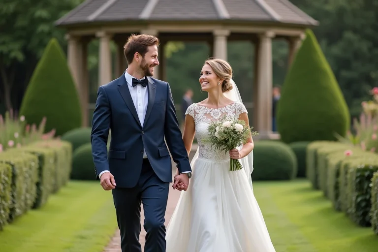 Jeune couple marié dans un jardin romantique en extérieur