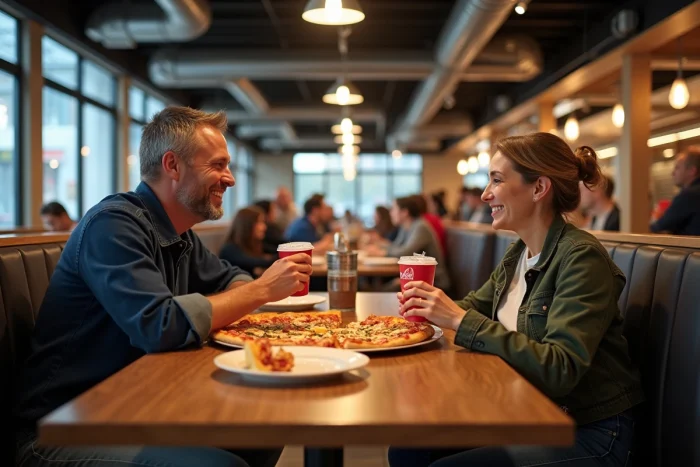 Couple détendu partageant une pizza au restaurant du centre de divertissement familial à Laval