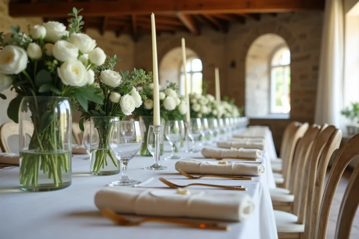 Table de réception de mariage décorée avec des fleurs blanches, bougies et couverts dorés dans un château français