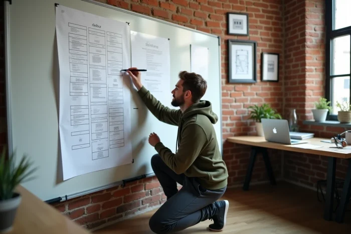 Développeur web analysant un diagramme de sitemap imprimé sur un tableau blanc dans un studio créatif