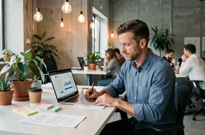 Entrepreneur remplissant un dossier de demande d'aide financière pour son entreprise dans un espace de coworking