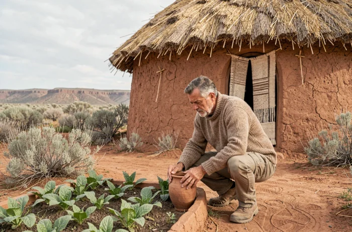 Homme découvrant un éco-lodge en terre crue dans un paysage aride, hébergement alternatif et durable pour voyageurs responsables