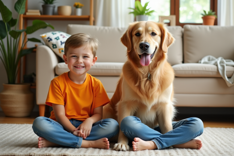 Jeunes enfants avec chien retriever dans le salon lumineux