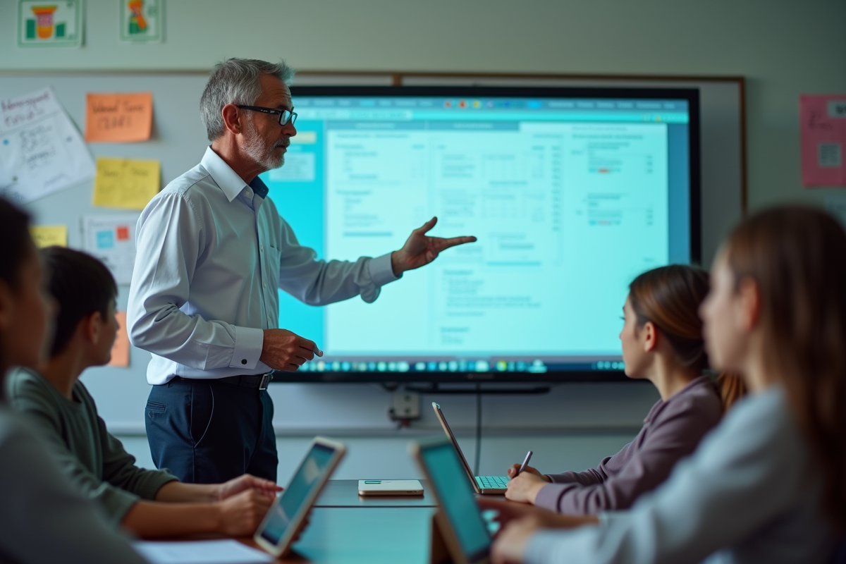 Professeur avec élèves utilisant tableau interactif en classe