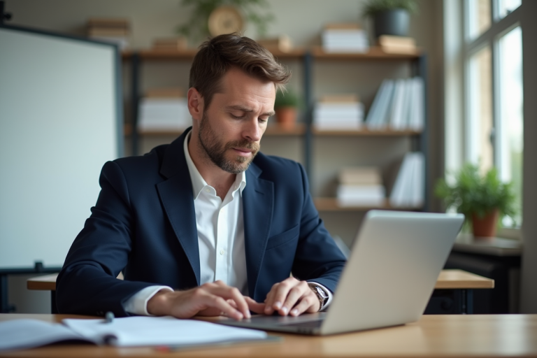 Professeur homme en classe moderne avec ordinateur et notes