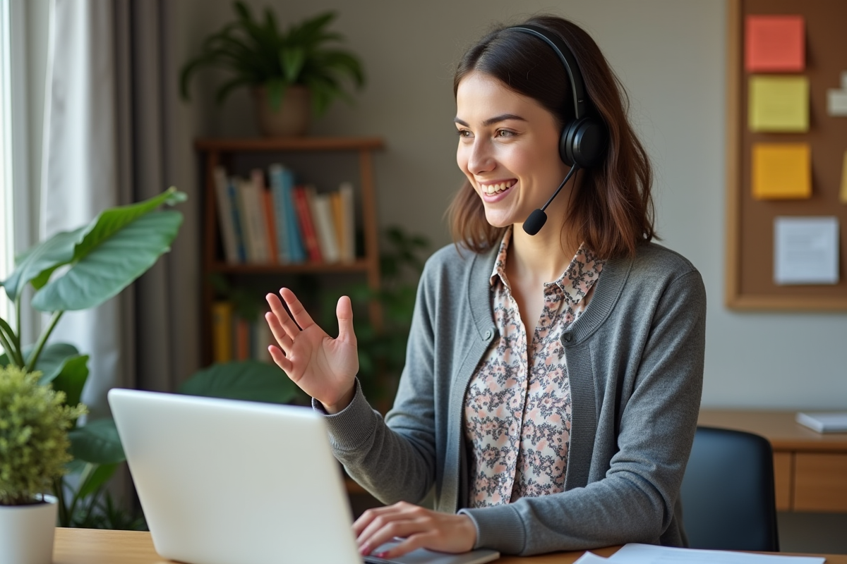 Jeune femme en visioconference dans un bureau organisé