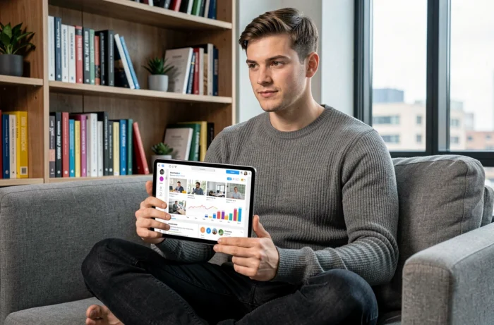 Jeune entrepreneur travaillant sur une stratégie de réseaux sociaux depuis son bureau à domicile avec une tablette numérique