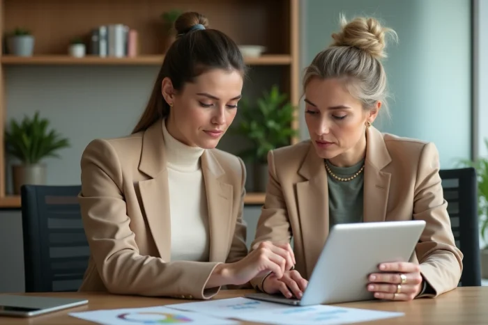 Jeune professionnelle en entretien de développement de carrière avec une mentore, discutant des opportunités de mobilité verticale en entreprise