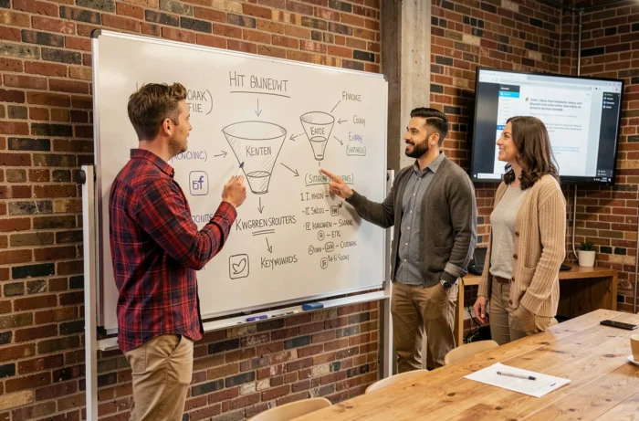Équipe de professionnels en réunion créative autour d'un tableau blanc pour planifier une stratégie de marketing digital