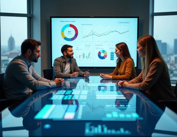 Équipe professionnelle diversifiée collaborant autour d'un écran tactile affichant des tableaux de bord numériques lors d'une réunion de transformation digitale