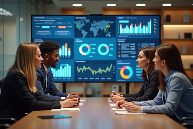 Groupe de professionnels autour d'une table avec écran interactif