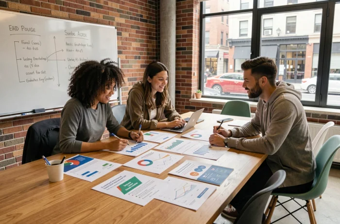 Équipe de jeunes entrepreneurs analysant des dispositifs d'aides publiques pour financer leur projet d'entreprise