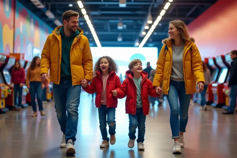 Famille joyeuse entrant dans un grand centre de divertissement moderne à Laval avec arcades et ambiance animée
