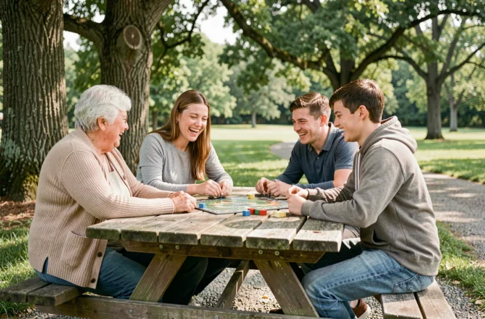 Famille multigénérationnelle jouant à un jeu de société dans un parc public lors d'une activité de loisirs en plein air