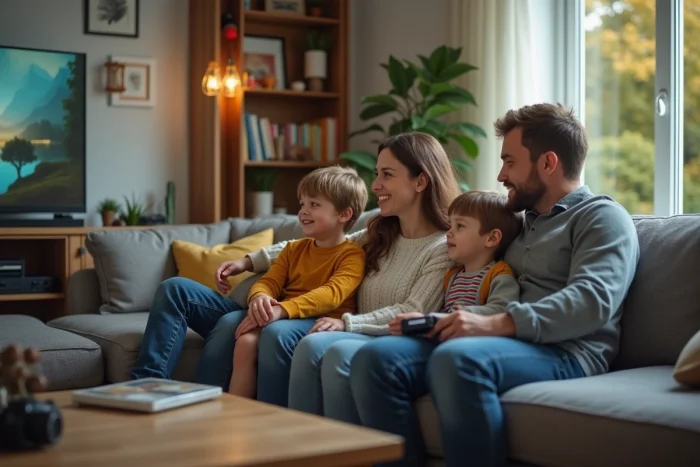 Famille de quatre dans un salon moderne et cosy