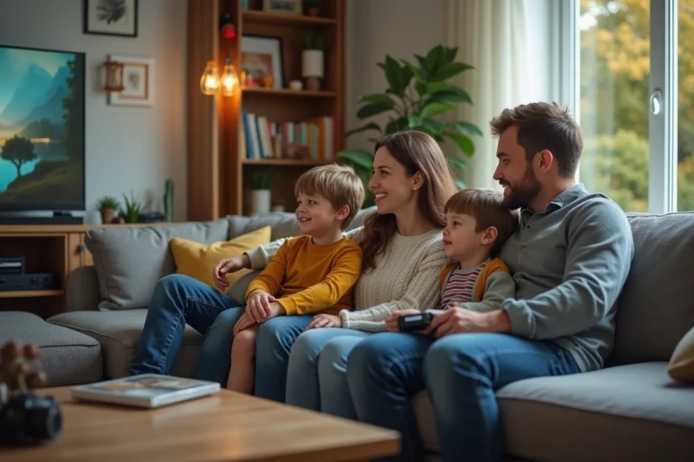 Famille de quatre dans un salon moderne et cosy