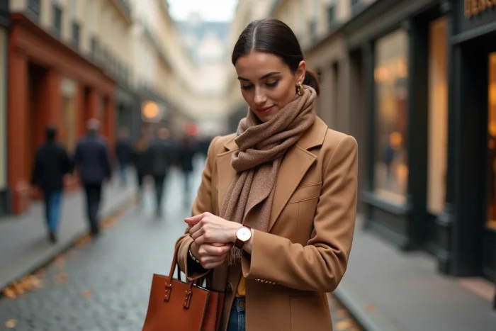 Femme élégante portant un manteau camel, un foulard en soie et une montre dorée minimaliste dans une rue pavée parisienne en automne