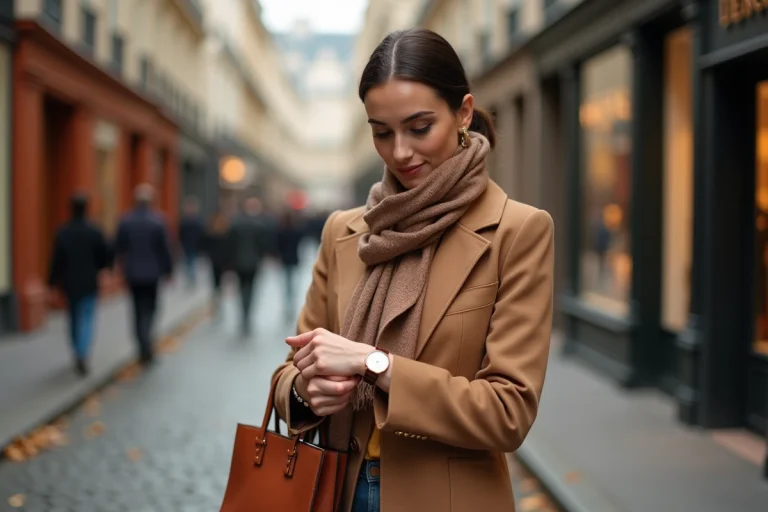 Femme élégante portant un manteau camel, un foulard en soie et une montre dorée minimaliste dans une rue pavée parisienne en automne
