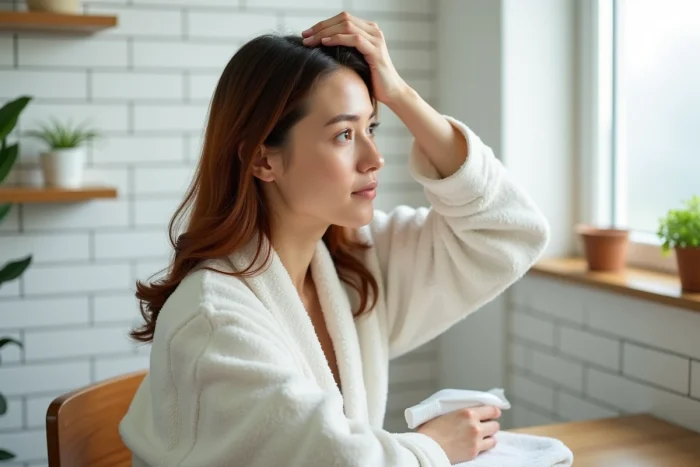 Femme appliquant un soin sérum anti-chute de cheveux Bio Densyl sur son cuir chevelu devant un miroir de salle de bain