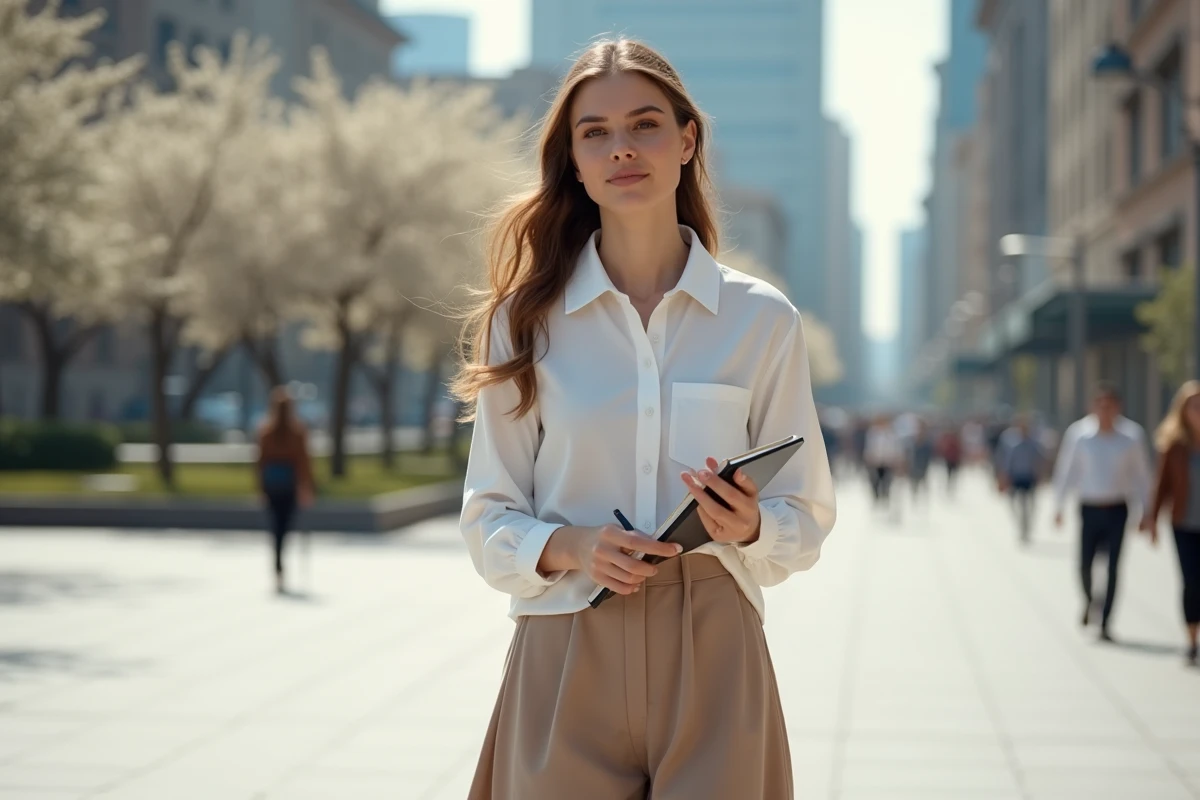 Femme albanaise en promenade dans une place urbaine au printemps