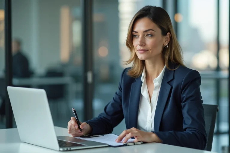 Femme en blazer navy dans un bureau lumineux