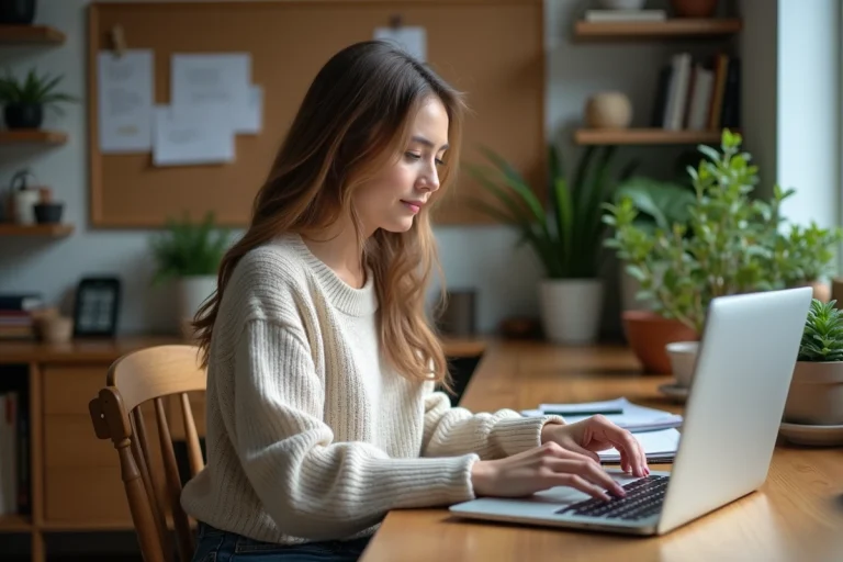 Jeune femme concentrée travaillant dans un bureau cosy