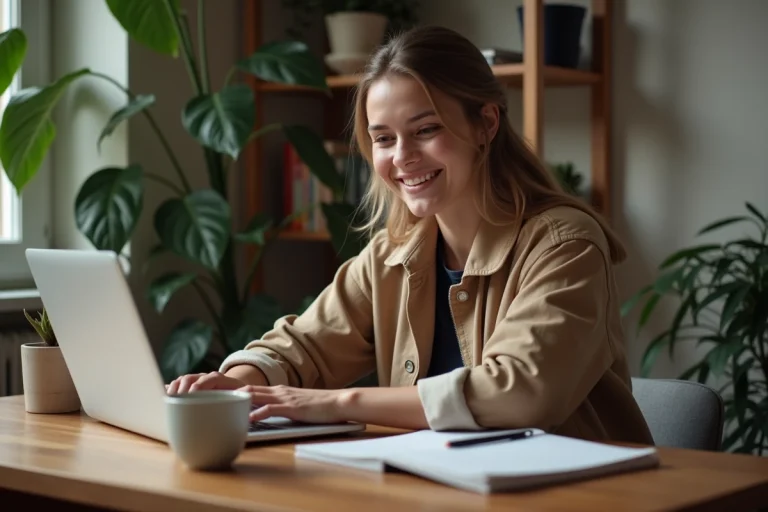 Jeune femme concentrée travaillant sur son ordinateur à domicile