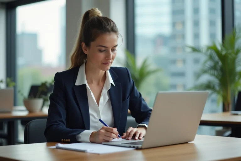 Femme en coworking avec ordinateur et notes