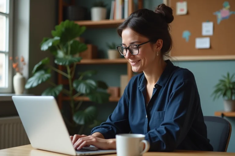 Femme travaillant sur son ordinateur dans un bureau cosy