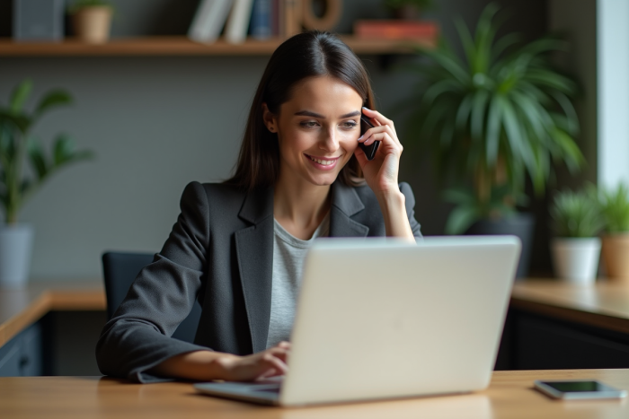 Femme en blazer au bureau regardant l'écran