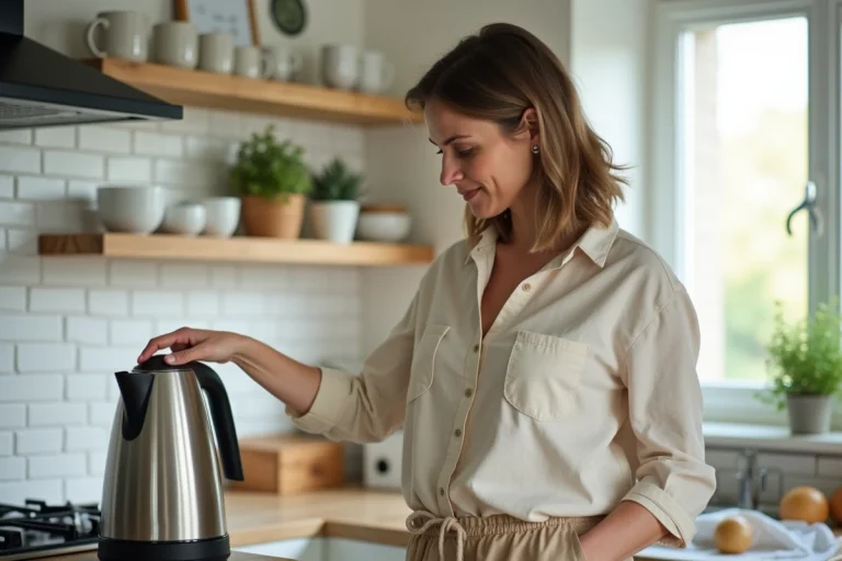 Femme choisissant une bouilloire électrique en inox dans une cuisine moderne et lumineuse
