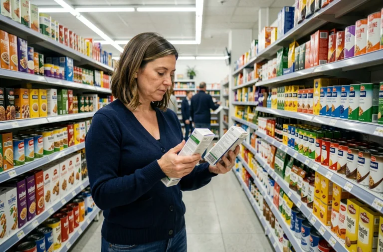 Femme comparant des produits marque repère Leclerc dans un rayon de supermarché