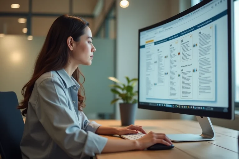 Femme professionnelle consultant une page sitemap sur un écran d'ordinateur dans un bureau moderne