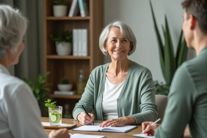 Femme en consultation naturopathique discutant de son bilan de santé naturel avec un praticien spécialisé