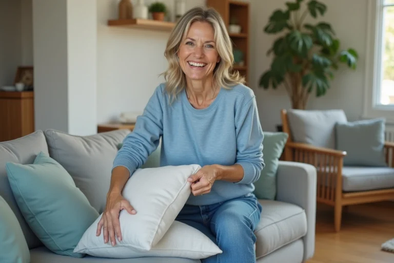 Femme arrangeant des coussins dans un salon lumineux
