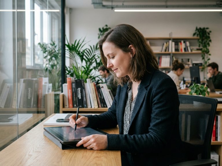 Femme en coworking dessinant sur une tablette pour l’article {titre}