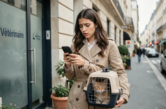 Jeune femme inquiète devant une clinique vétérinaire avec une cage de transport contenant un chat roux
