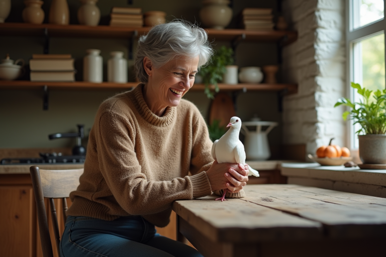 Femme assise avec une colombe dans une cuisine chaleureuse